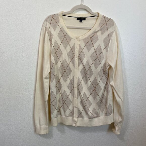 Tommy Hilfiger Cream Tan Gray Argyle Cardigan Sweater Tennis Preppy - Picture 1 of 7